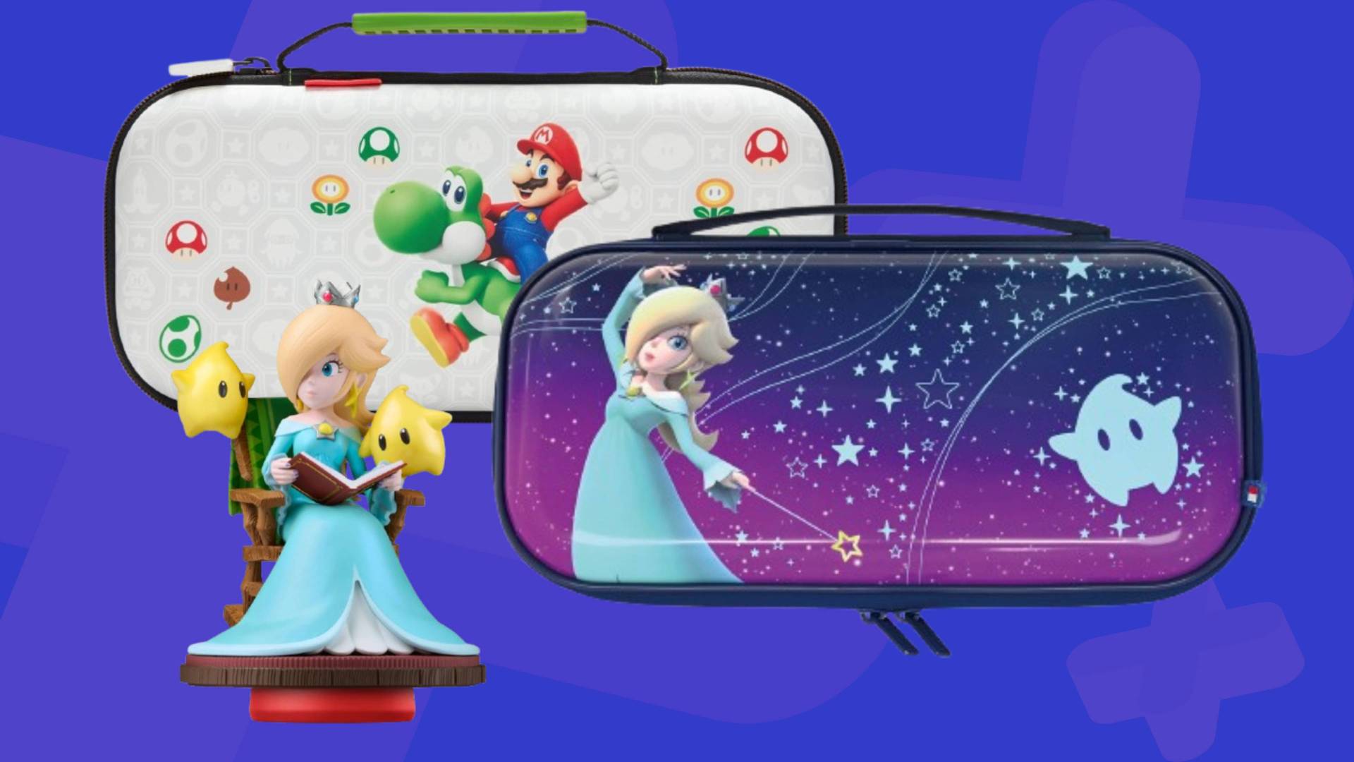 Image of a bunch of Super Mario Galaxy Switch 2 accessories on a blue GamesRadar+ background.