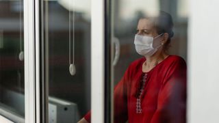 photo shows an older woman in a red blouse standing by a window and wearing a blue surgical mask. The viewer is seeing her from outside the building, through the window.