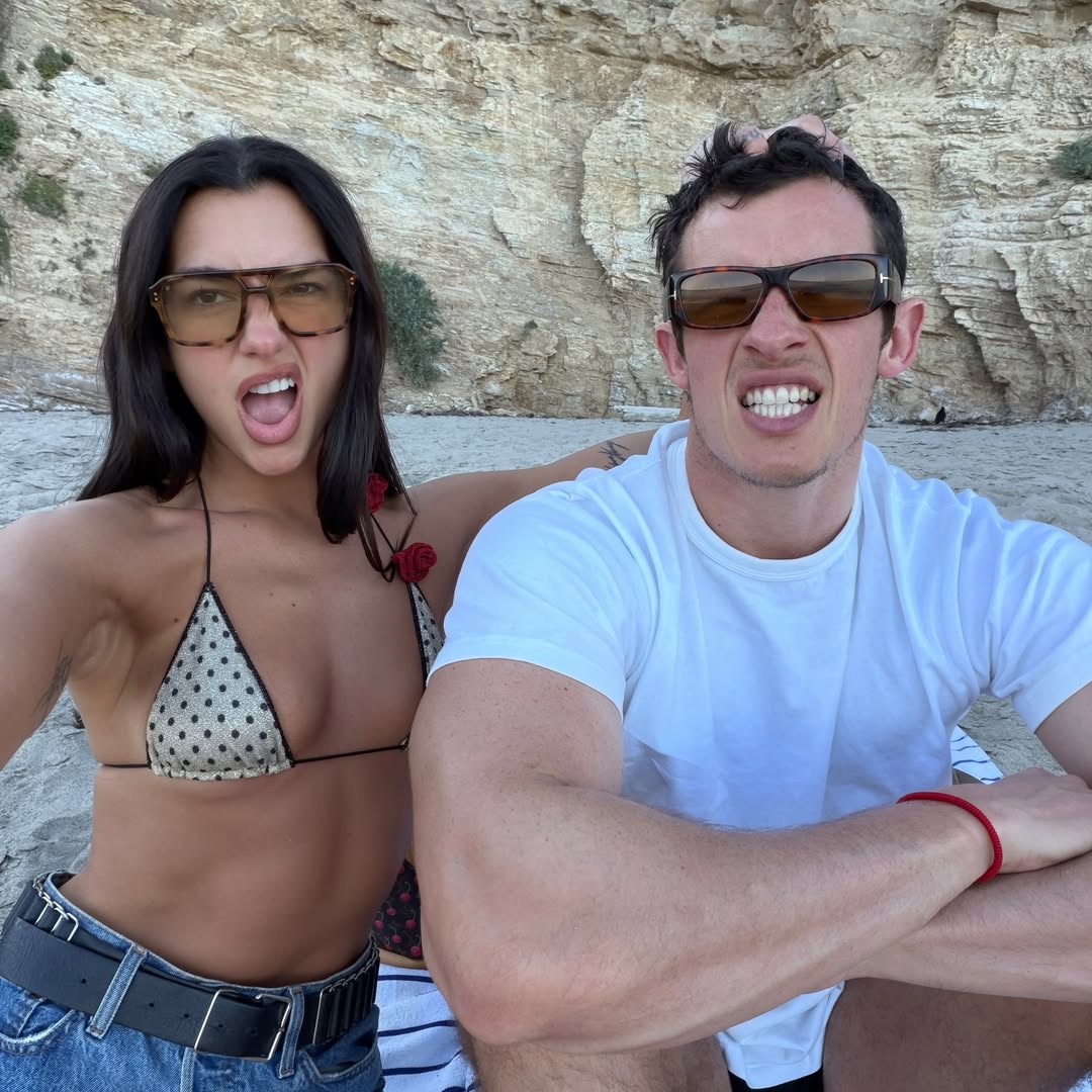 Dua Lipa in polka dot bikini top.