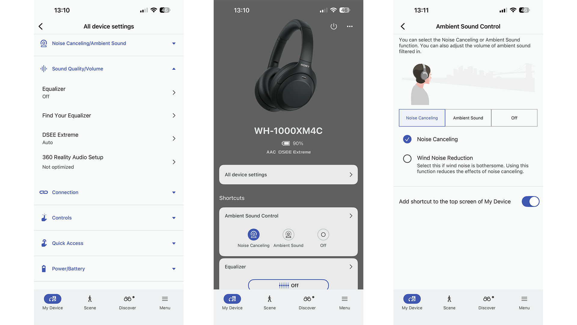 Sony WH-1000XM4C over-ear headphones app on three smartphone screens
