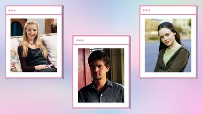 Iconic TV characters: Phoebe Buffay, Pacey Witter and Rory Gilmore in a pastel, multicolor template