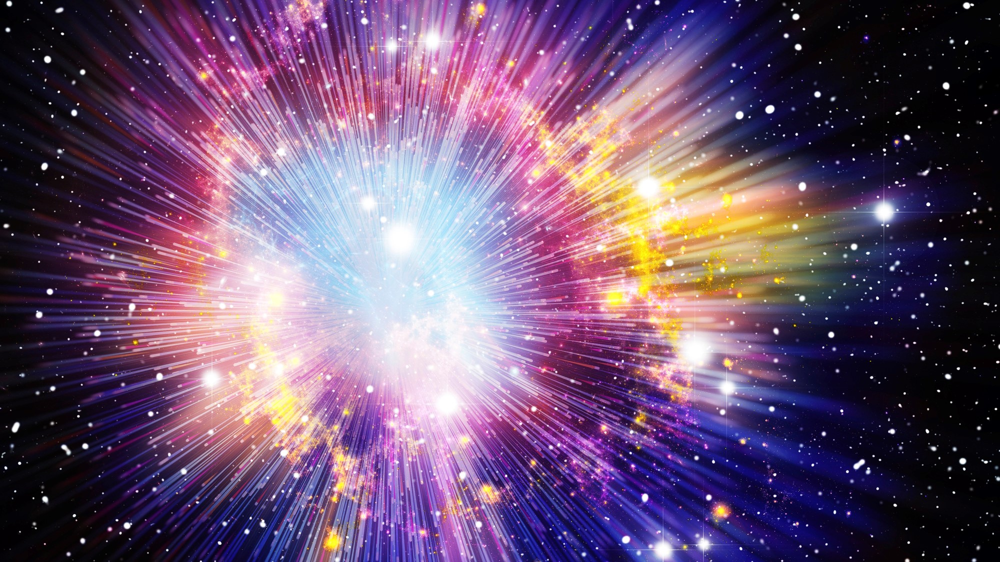 Graphic illustration of the Big Bang. Purple, white and yellow light spreads out from the center of the image.