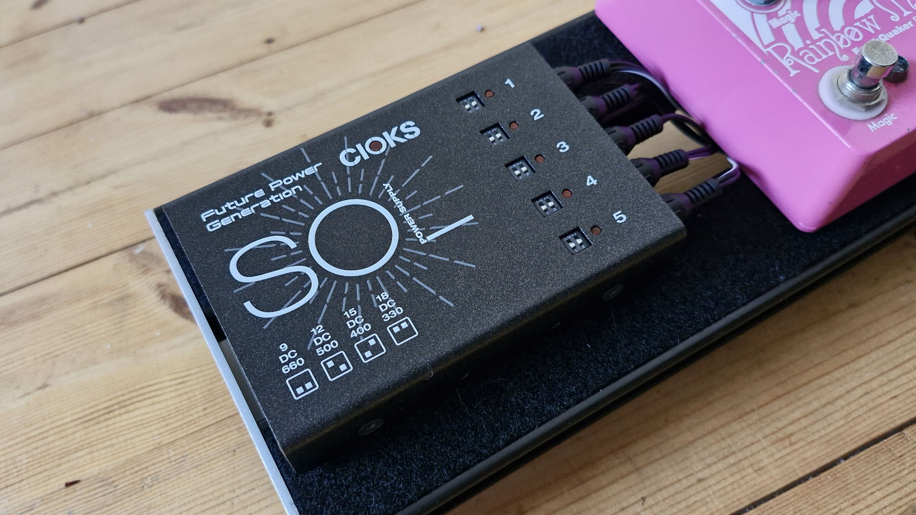 Cioks Sol Future Power Generation power supply mounted to a pedalboard