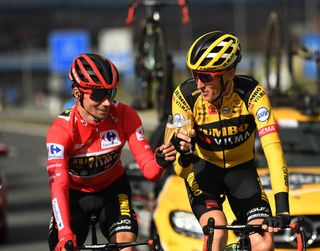 MADRID, SPAIN - NOVEMBER 08: Primoz Roglic of Slovenia Red Leader Jersey, Robert Gesink of The Netherlands and Jonas Vingegaard Rasmussen of Denmark and Team Jumbo - Visma / Champagne / Celebration / during the 75th Tour of Spain 2020, Stage 18 a 139,6km stage from HipÃ³dromo de la Zarzuela to Madrid / @lavuelta / #LaVuelta20 / La Vuelta / on November 08, 2020 in Madrid, Spain. (Photo by David Ramos/Getty Images)