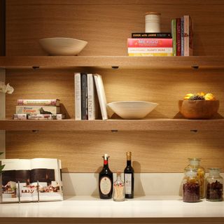 wooden kitchen shelves with lights