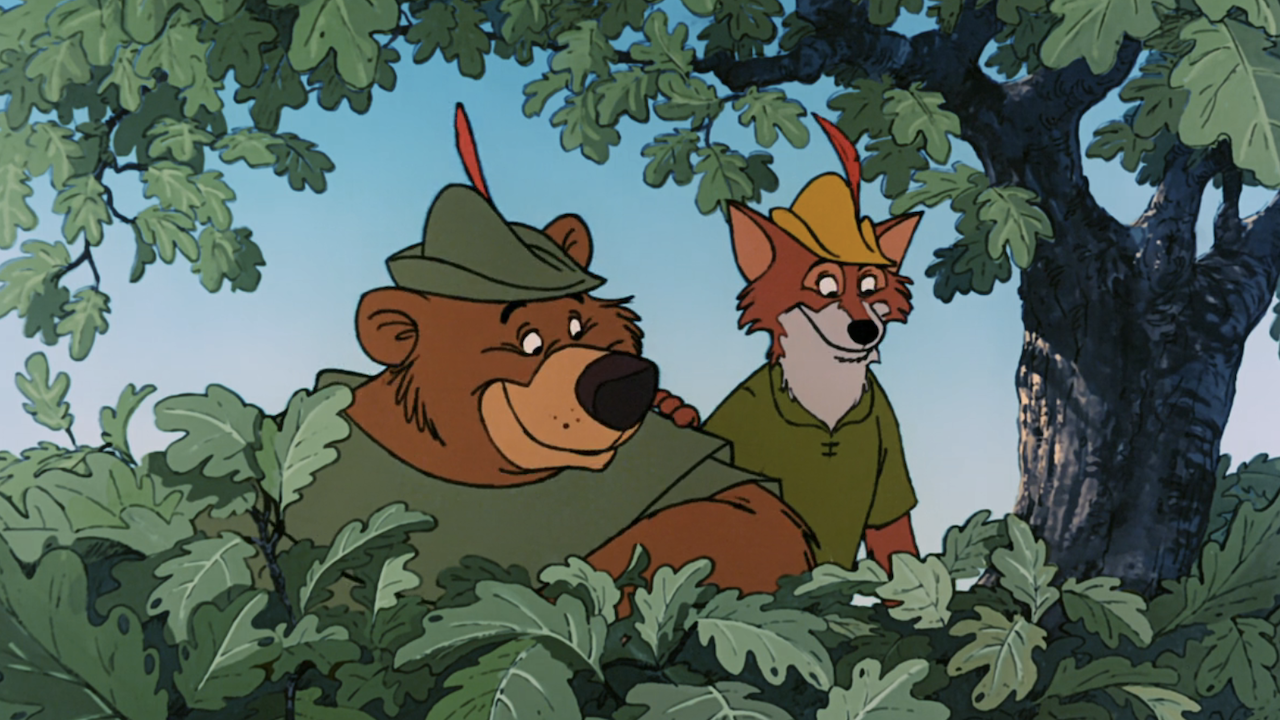 Little John and Robin Hood looking through trees in 1973 Walt Disney Animation version