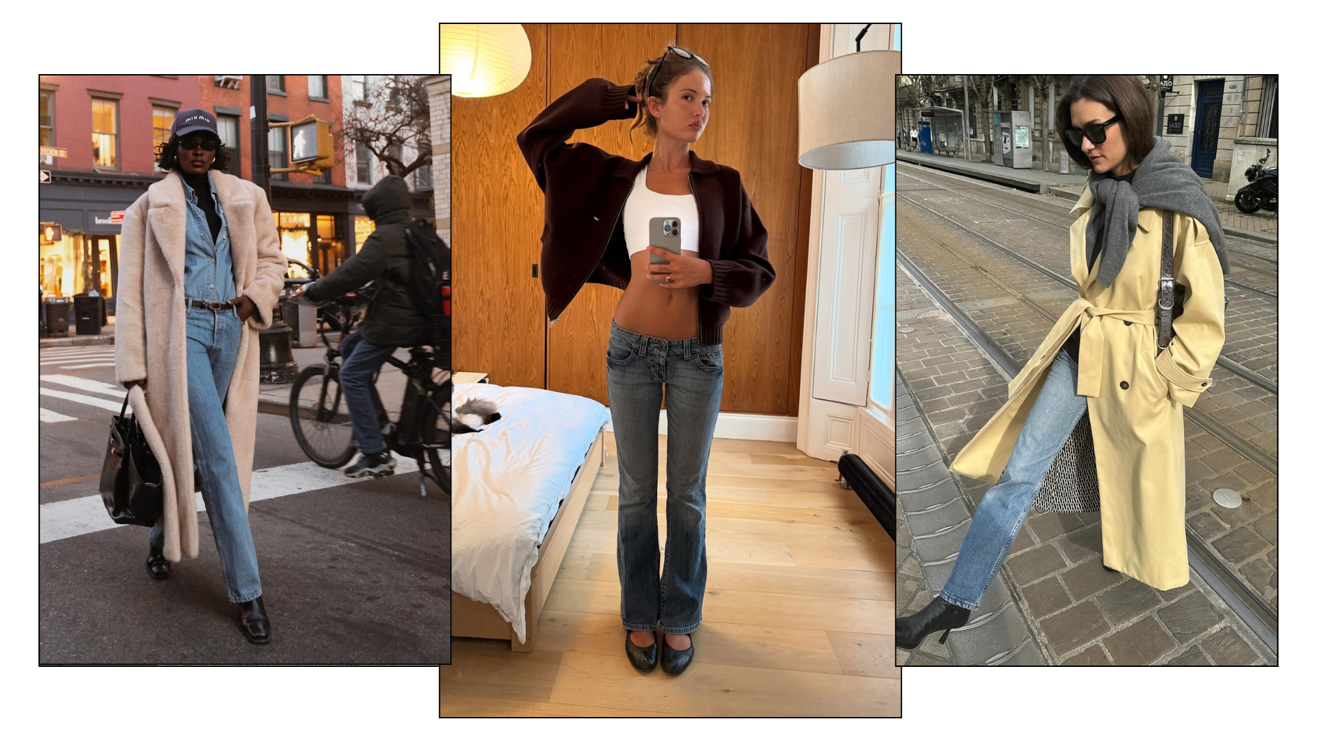Three fashion people wear blue jeans outfits