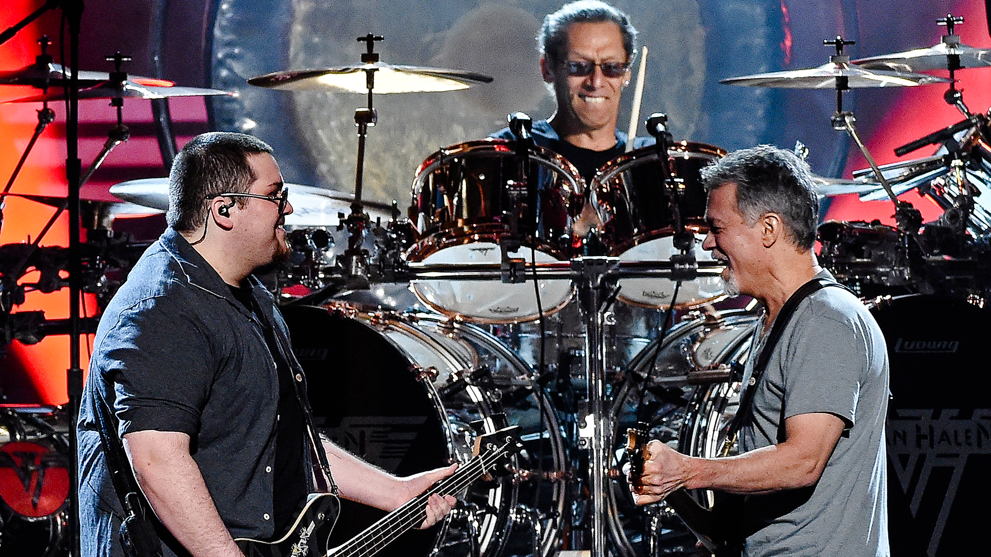 Bassist Wolfgang Van Halen, drummer Alex Van Halen and guitarist Eddie Van Halen of Van Halen perform during the 2015 Billboard Music Awards at MGM Grand Garden Arena on May 17, 2015 in Las Vegas, Nevada.  