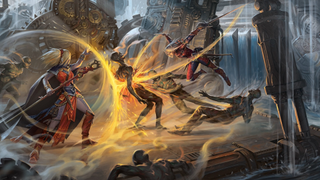 A dramatic battle occurs in the flooding ruins of an old steampunk facility in Pathfinder 2e.