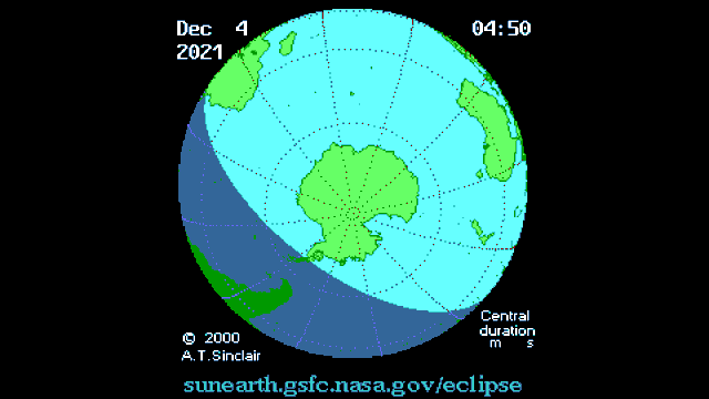 A NASA animation of the path that the total solar eclipse on Dec. 4, 2021 is expected to take.