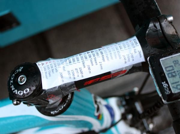 Key points on the Ronde van Vlaanderen course were written down and taped to this Bbox Bouygues Telecom stem.