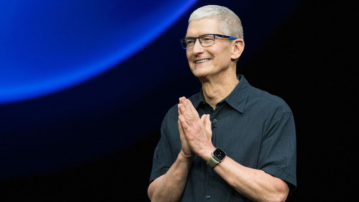 Apple CEO Tim Cook pictured speaking on stage during Apple&#039;s &quot;It&#039;s Glowtime&quot; event in Cupertino, California.