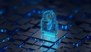 Neon blue padlock with code flowing over it, floating above small plinths raised at different heights, each with code underneath their platforms