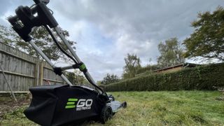 ego lawn mower with collection bag attached at the back