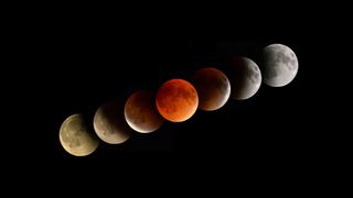 Phases of the lunar eclipse showing the blood moon in the middle.