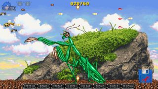 Screens of a retro shooter with insects