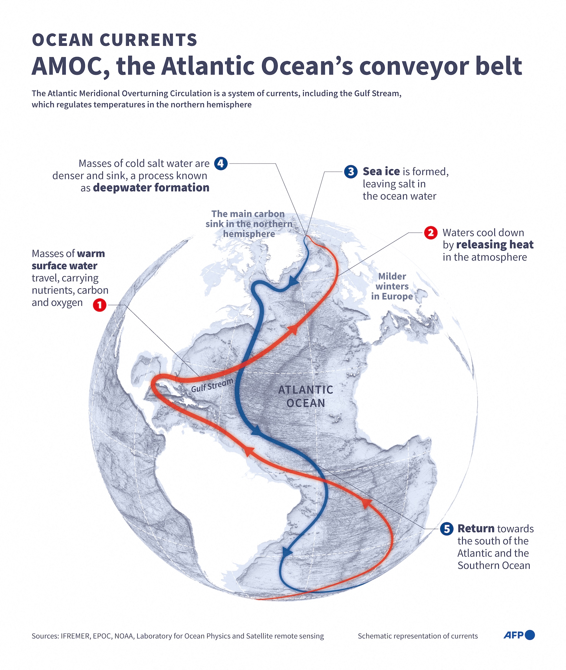 an infographic of the world showing AMOC&#039;s currents in the northern and southern Atlantic Ocean.
