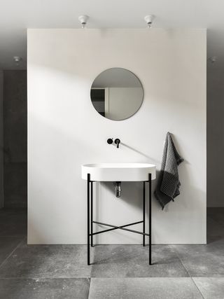 minimalist modern bathroom with round white sink