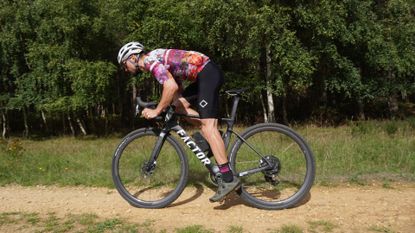 Image shows Stefan Abram riding the new Factor Ostro Gravel bike.