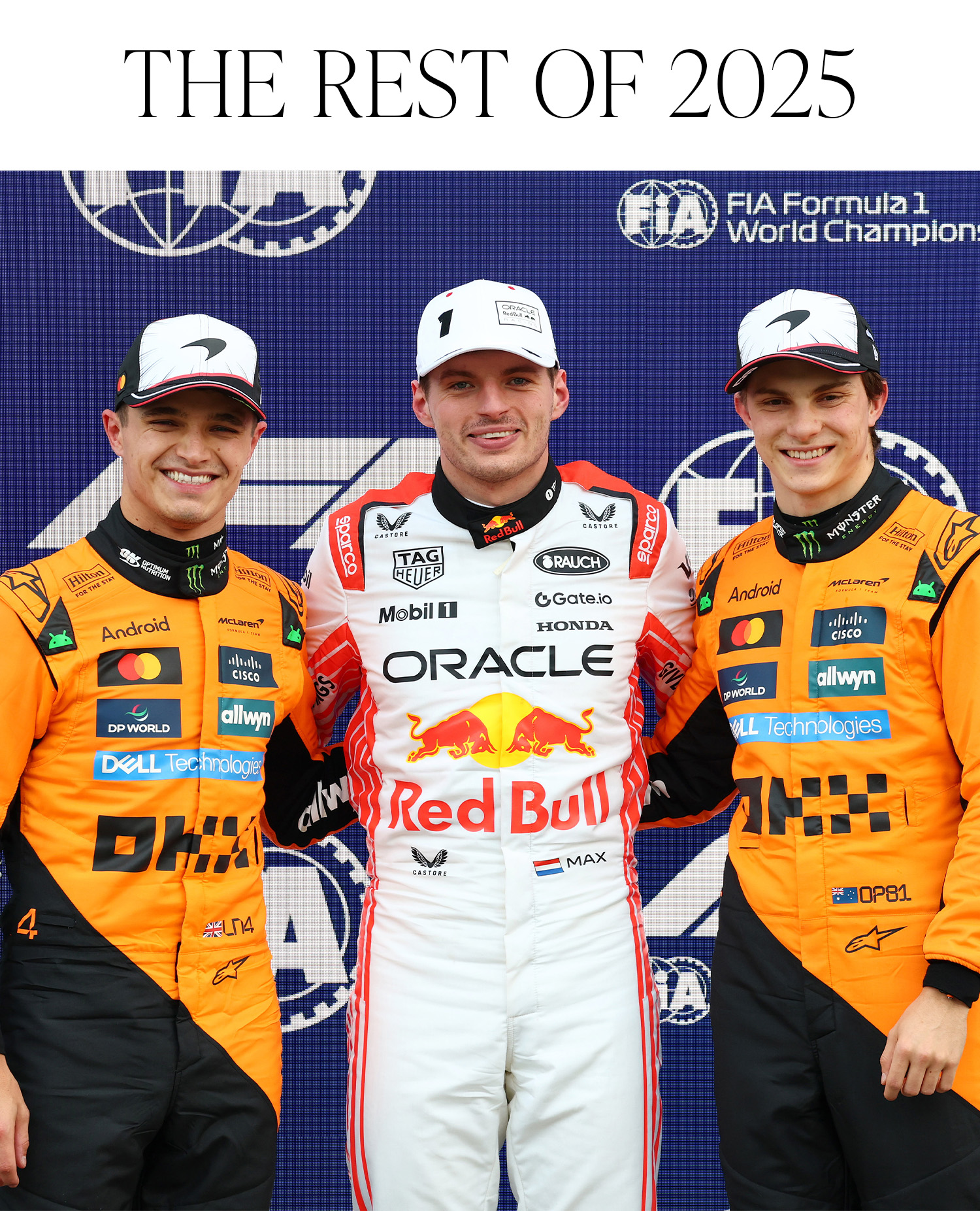 SUZUKA, JAPAN - APRIL 05: Second placed qualifier Lando Norris of Great Britain and McLaren Pole position qualifier Max Verstappen of the Netherlands and Oracle Red Bull Racing and Third placed qualifier Oscar Piastri of Australia and McLaren looks on during qualifying ahead of the F1 Grand Prix of Japan at Suzuka Circuit on April 05, 2025 in Suzuka, Japan.