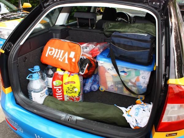 The back of this Garmin-Transitions team car is loaded up with a lot of water and calories.