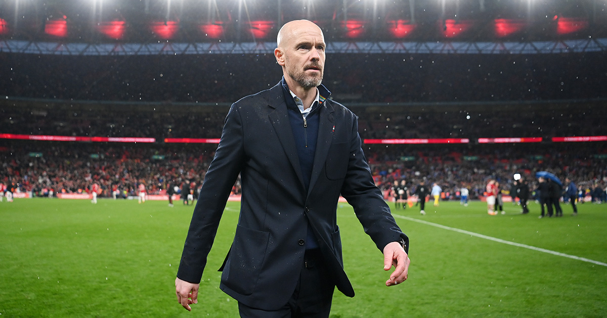 Manchester United manager Erik ten Hag acknowledges the fans after the team's victory in the penalty shoot out during the Emirates FA Cup Semi Final match between Brighton & Hove Albion and Manchester United at Wembley Stadium on April 23, 2023 in London, England.