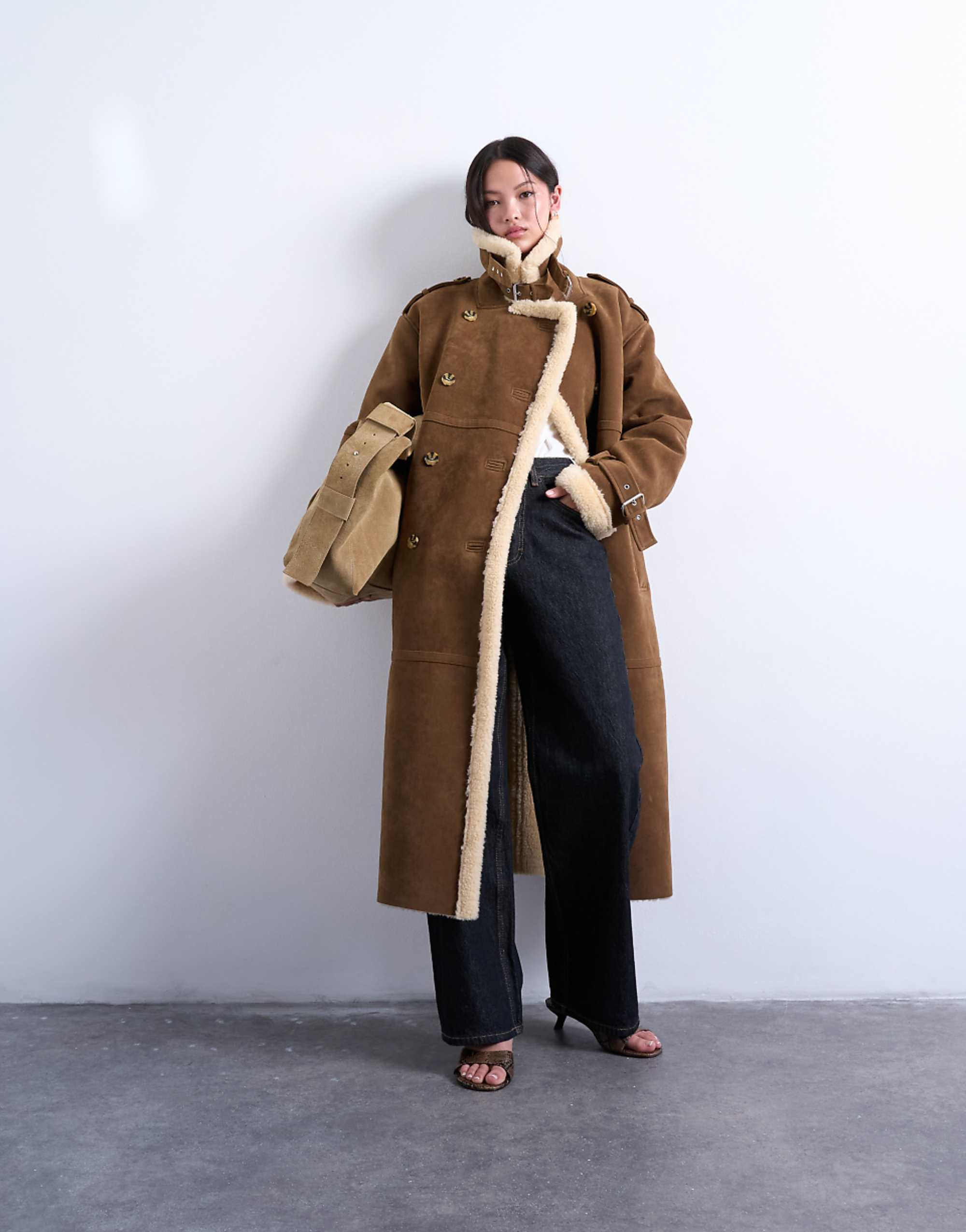 Topshop Longline Aviator Faux Shearling Coat in Tan and Cream