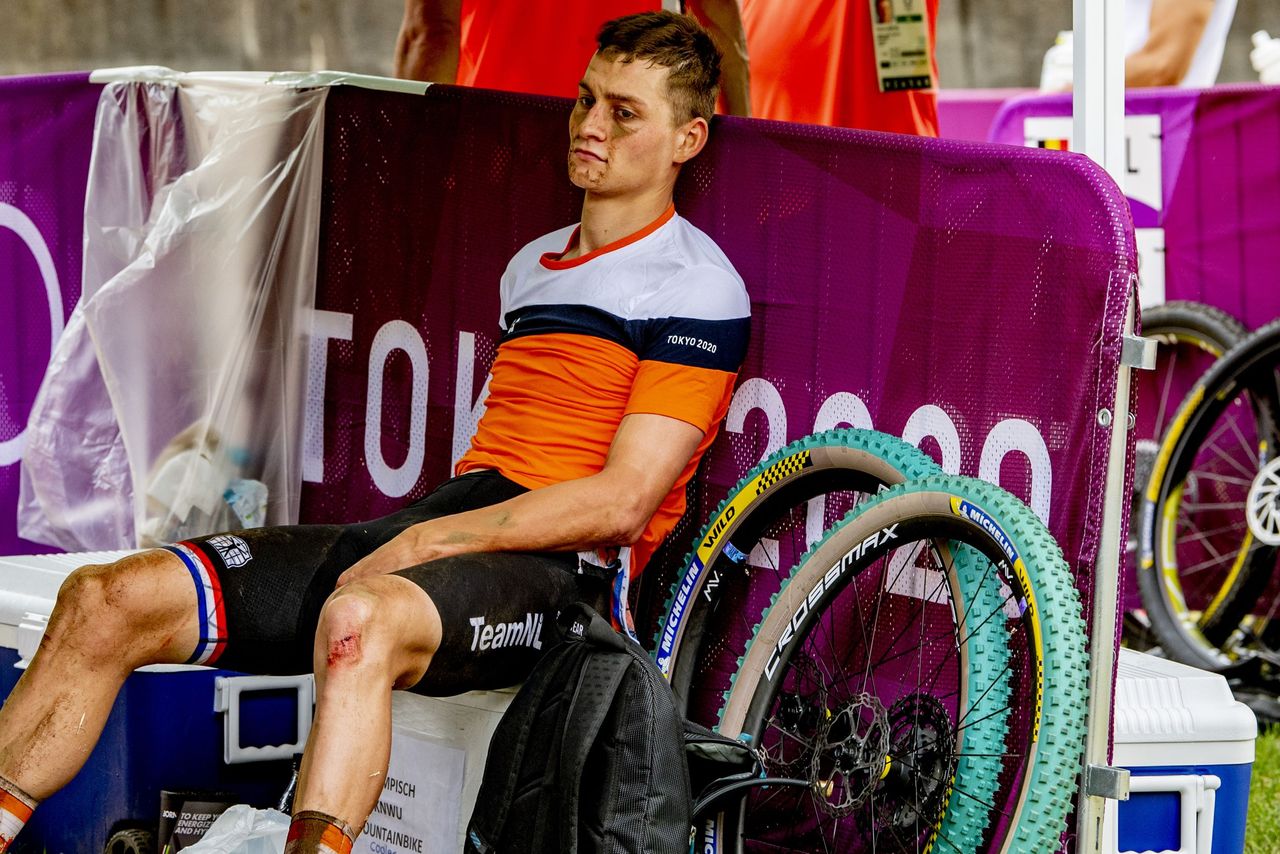 Mathieu van der Poel after crashing out of the Olympic mountain bike cross country race