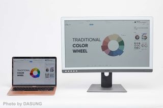 Dasung Paperlike Colour E-ink monitor next to a laptop