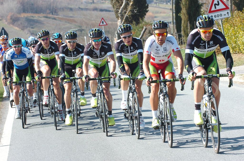 Baden Cooke and Stuart O'Grady looking after Matt Goss' lead at the 2012 Tirreno-Adriatico