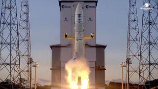 An Arianespace Ariane 6 rocket launches the Sentinel-1D Earth-observation satellite from French Guiana on Nov. 4, 2025.