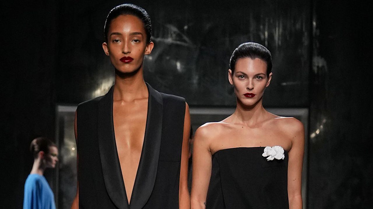 Vittoria Ceretti and Mona Tougaard walking in Haider Ackermann&#039;s first Tom Ford runway show during Paris Fashion Week.