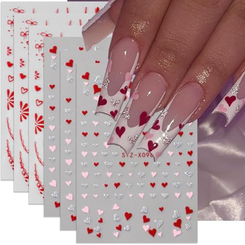 Love Heart Nail Art Stickers Red Pink Silver Glitter Heart Nail Stickers 3dself-Adhesive Bow French Tip Dot Empty Hearts Valentines Nails Design Manicure Decals Transfer Sliders for Women Diy Nail Art