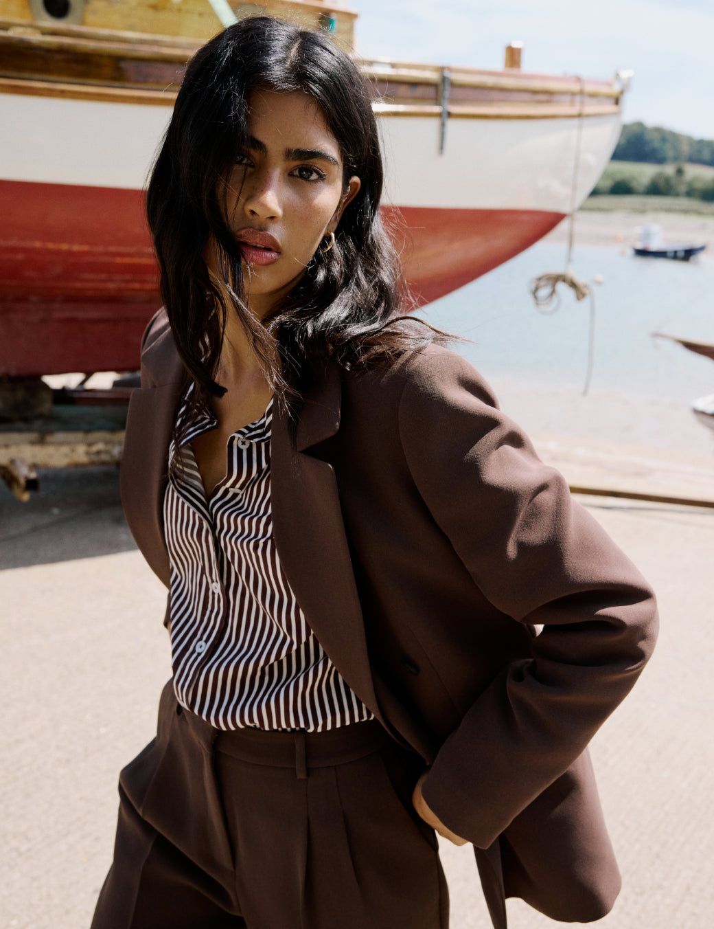 Chocolate Brown Crepe Double Breasted Blazer