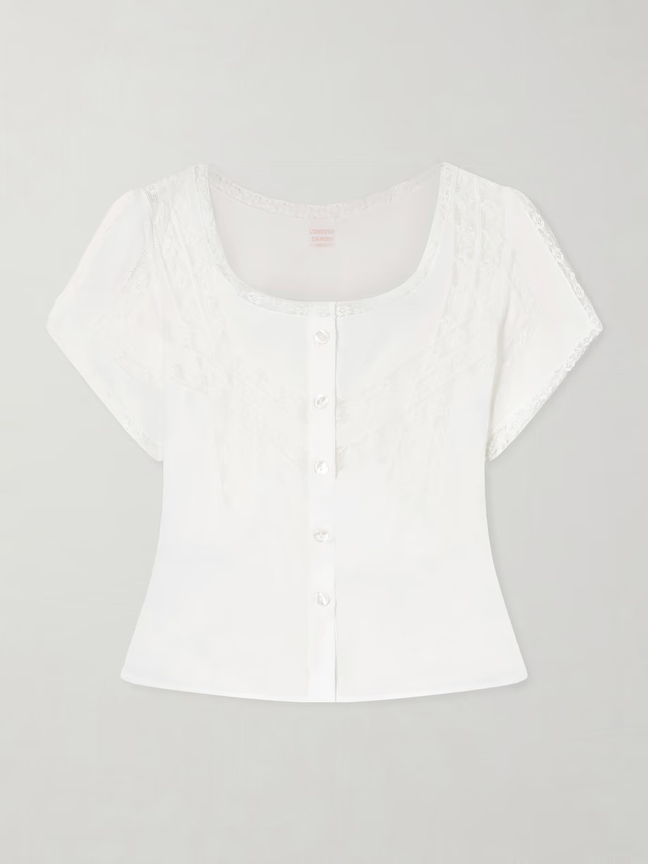 Loretta Caponi, Angela Lace-Trimmed Cotton Blouse