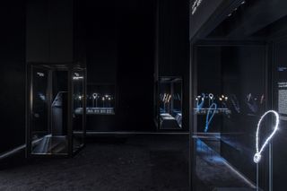 Tiffany Wonder exhibition, jewellery in dark display space