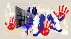 Collage including bloody red hand prints, pig's heads, and Star of David