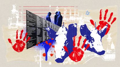 Collage including bloody red hand prints, pig's heads, and Star of David