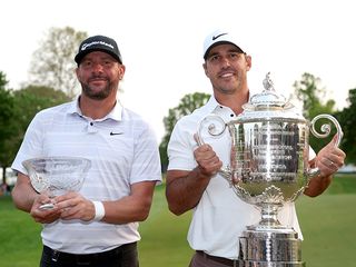 Brooks Koepka and Michael Block with their trophies at the PGA Championship 2023