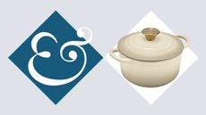 A cast iron Dutch oven in cream in a white diamond beside a dark blue diamond with an '&' inside. 