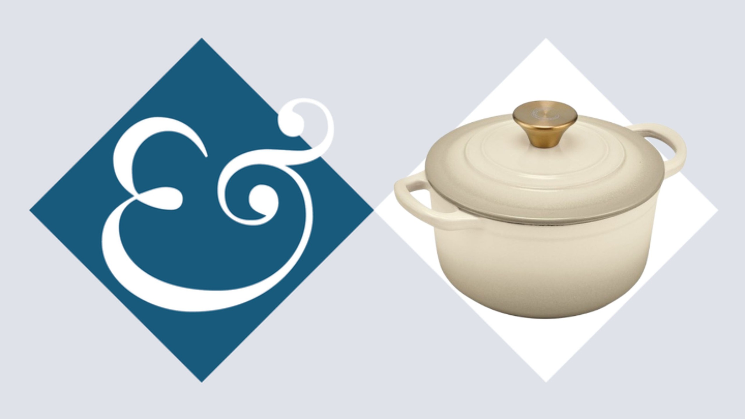 A cast iron Dutch oven in cream in a white diamond beside a dark blue diamond with an '&' inside. 