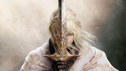 Elden Ring key art of DLC Leda, a blonde woman holding a sword in front of her face