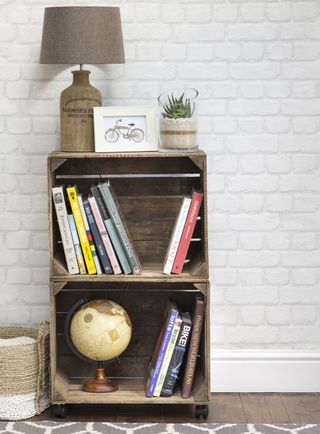 brick wall with wooden shelves