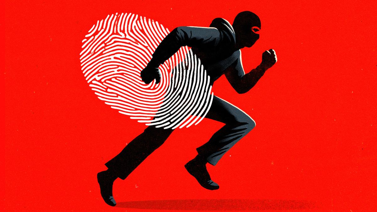 An illustration of a silhouetted thief in motion running while carrying a stolen fingerprint