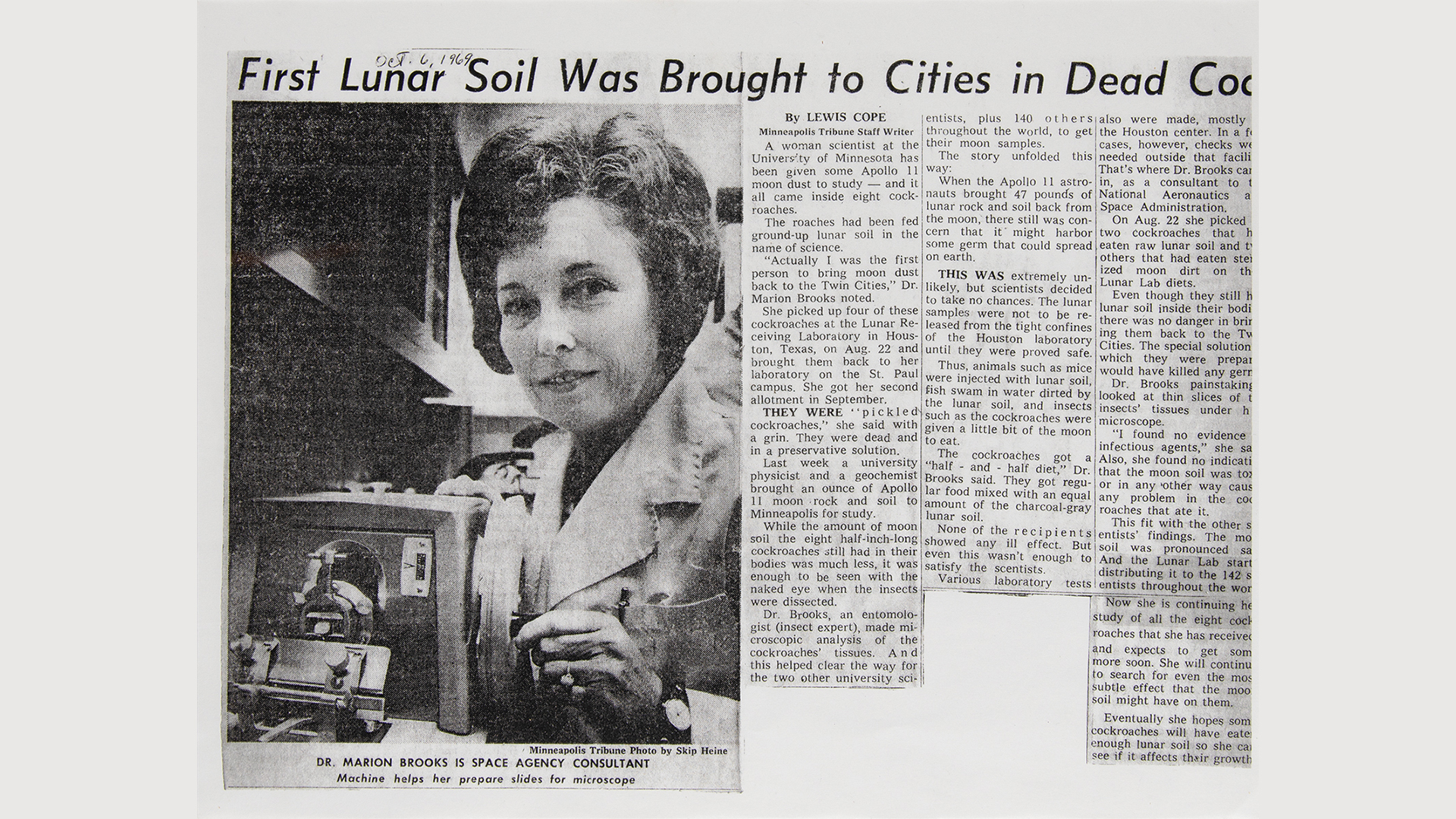 A newspaper clipping dated Oct. 6, 1969 outlining the work of University of Minnesota entomologist Marion Brooks, who studied moondust by feeding it to cockroaches.
