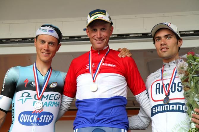 The Dutch men's TT podium: Niki Terpstra, Lieuwe Westra and Tom Dumoulin