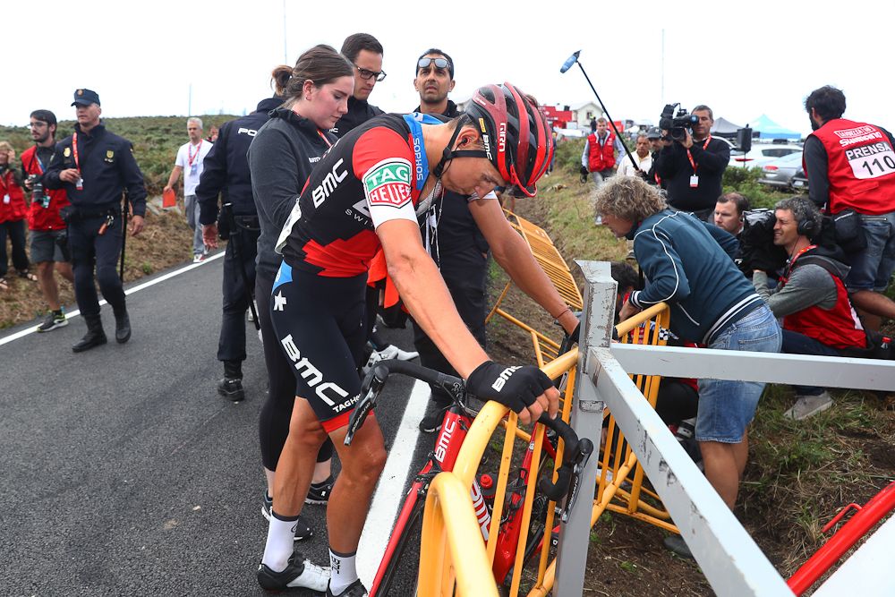 Dylan Teuns recovers from the post-finish crash on stage 12 at the Vuelta