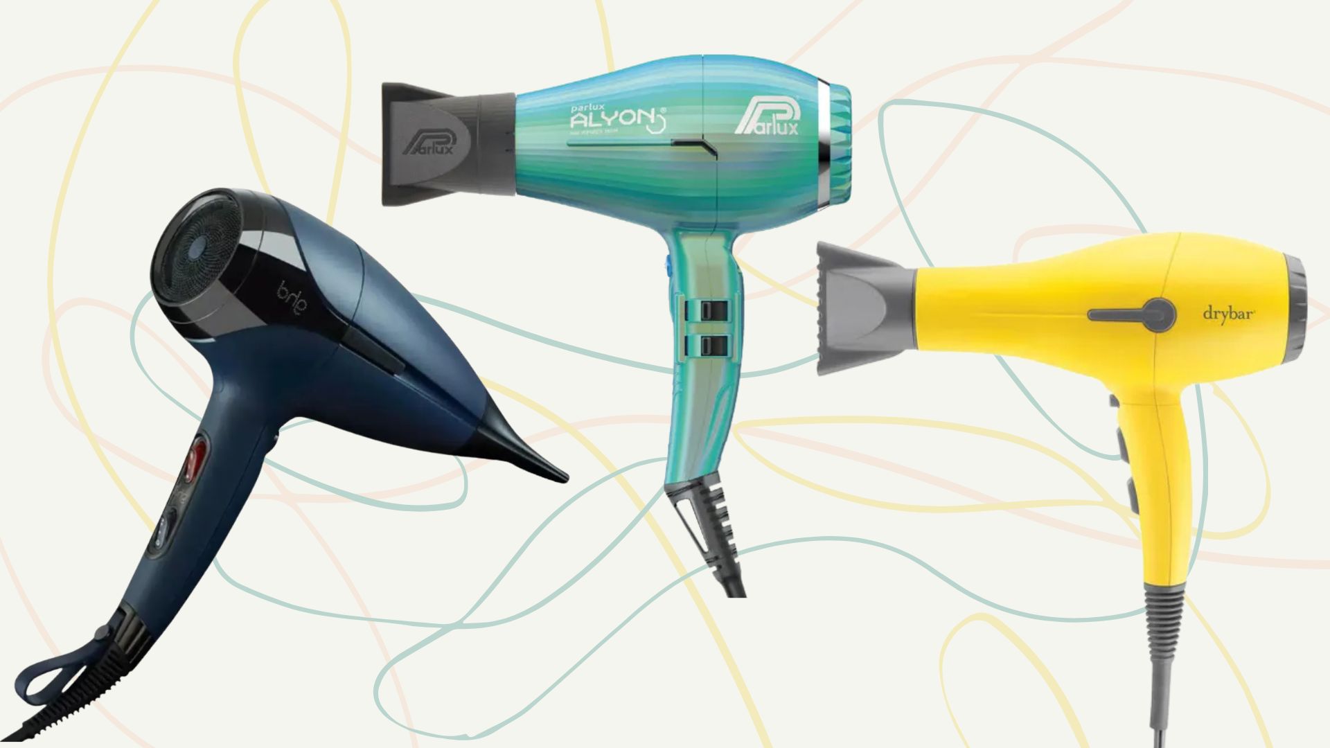 the ghd helios, parlux alyon and drybar buttercup dryer pictured on a beige backdrop with graphic swirls behind them