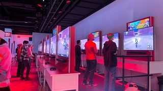 Two rows of Mario Kart World demo stations at the Switch 2 NYC preview event on April 4, 2025