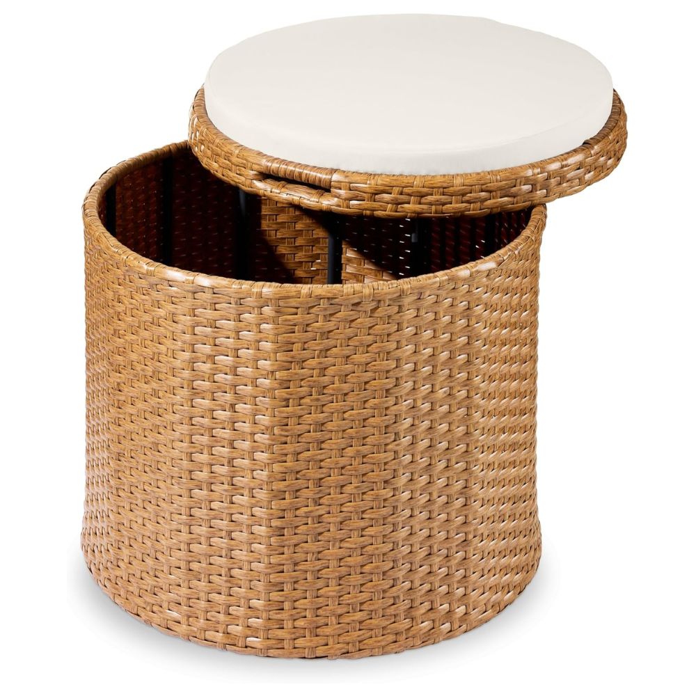 A circular wicker ottoman with removable lid with white cushion